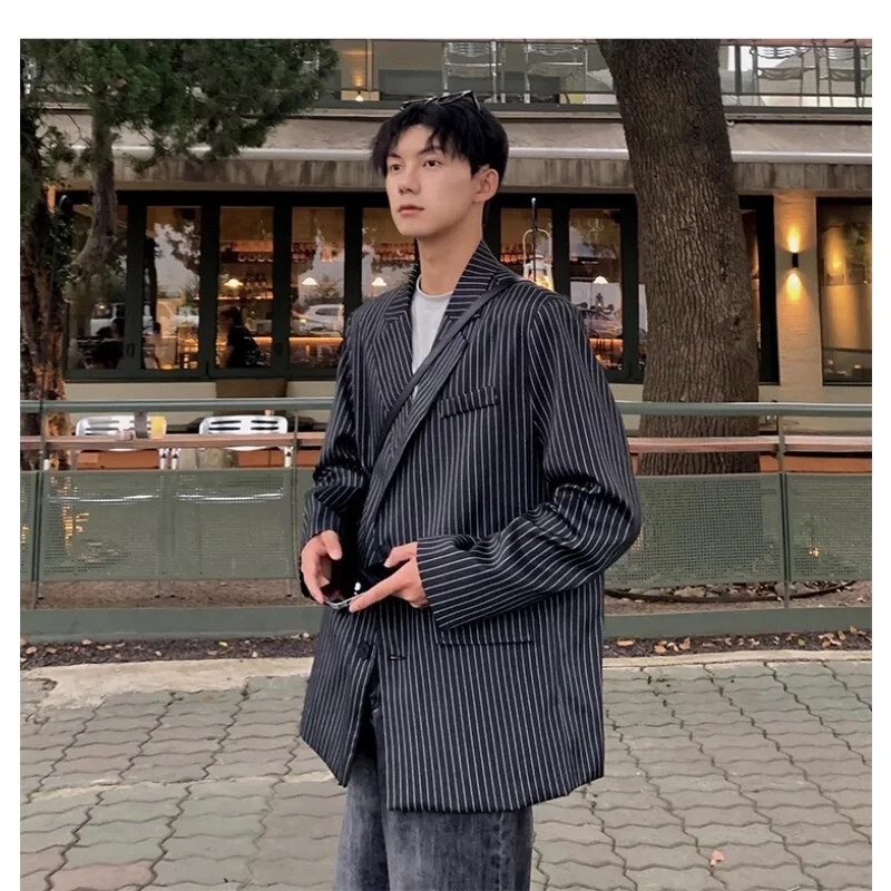 Μικρό κοστούμι Ανδρικό σακάκι με ρίγες Cool and high-end design Μαύρο μοντέρνο κορεάτικο casual loose κοστούμι
