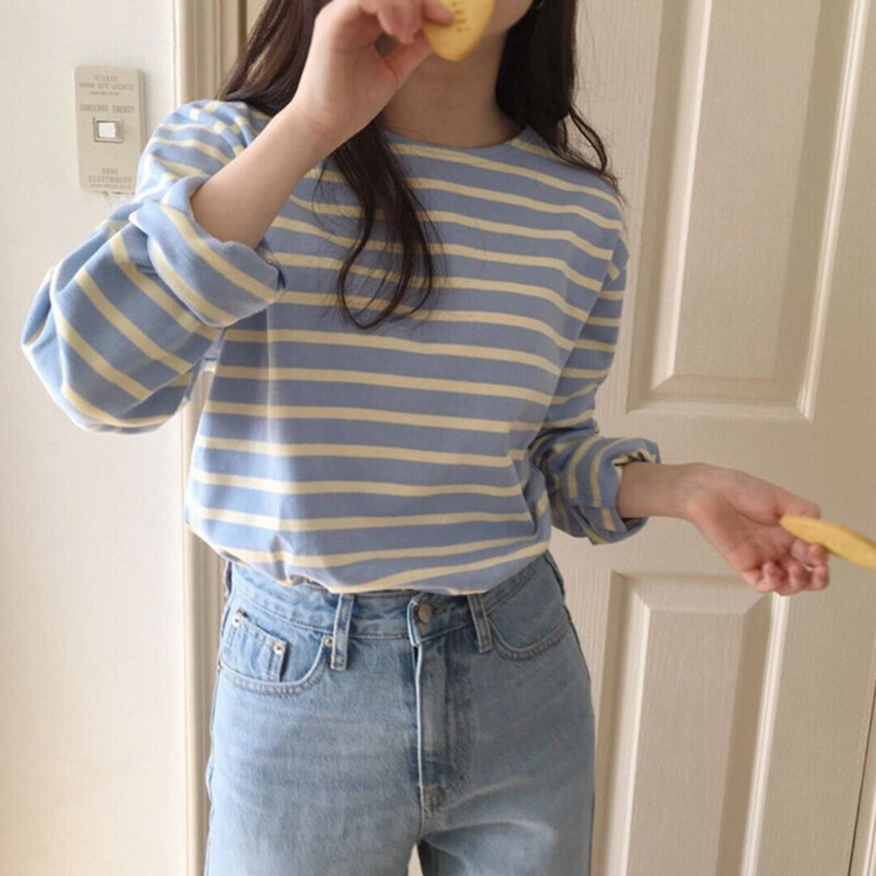 Ανοιξιάτικο φθινόπωρο Κορεάτικο ριγέ μπλουζάκι Γυναικείο μακρυμάνικο Loose Inner Laydown Bottom Ευέλικτο Top Plus Size γυναικεία ρούχα