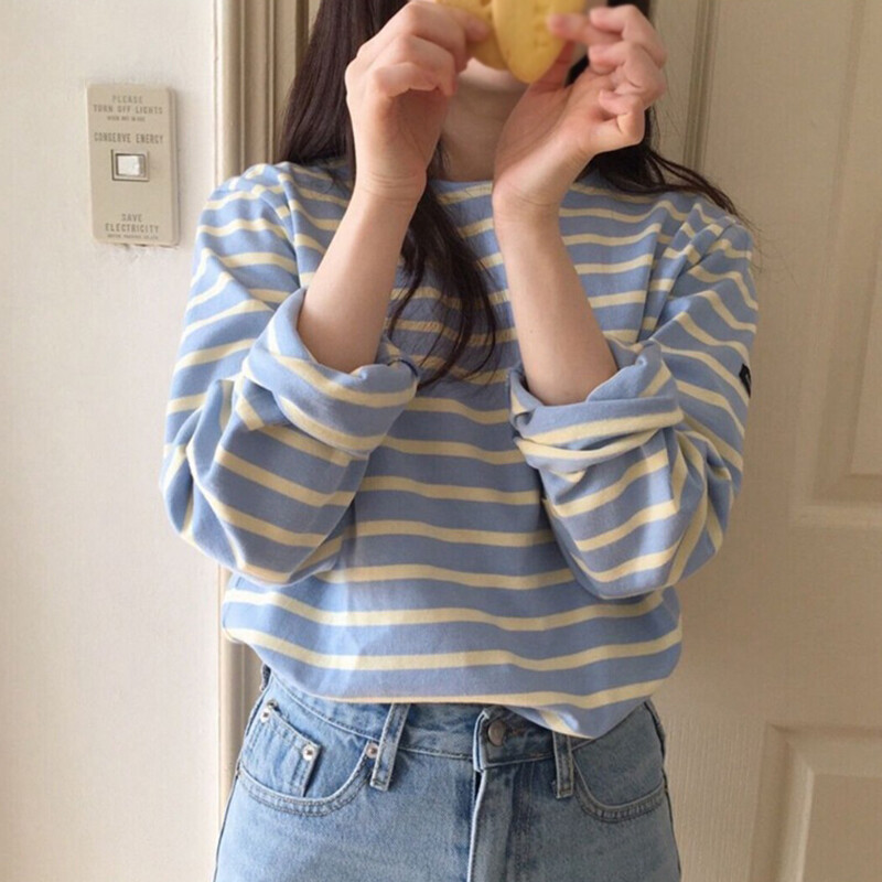 Ανοιξιάτικο φθινόπωρο Κορεάτικο ριγέ μπλουζάκι Γυναικείο μακρυμάνικο Loose Inner Laydown Bottom Ευέλικτο Top Plus Size γυναικεία ρούχα