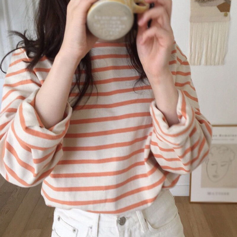 Ανοιξιάτικο φθινόπωρο Κορεάτικο ριγέ μπλουζάκι Γυναικείο μακρυμάνικο Loose Inner Laydown Bottom Ευέλικτο Top Plus Size γυναικεία ρούχα
