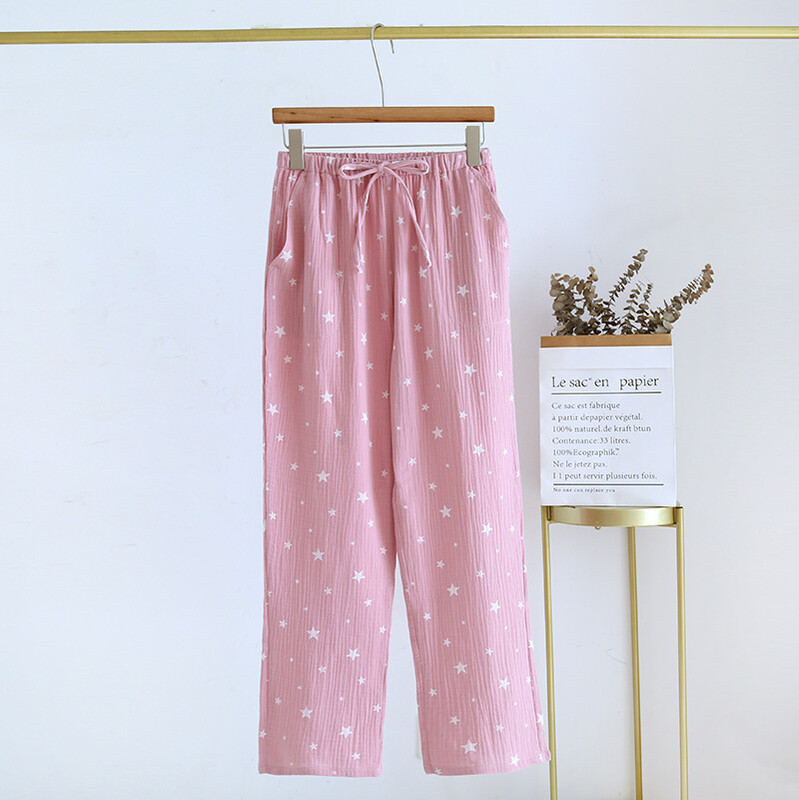 Primăvară/vară Pantaloni de acasă damă crep pur bumbac Pantaloni casual de acasă cu imprimeu cu stele Pantaloni de pijama cu talie elastică Pantaloni de dormit