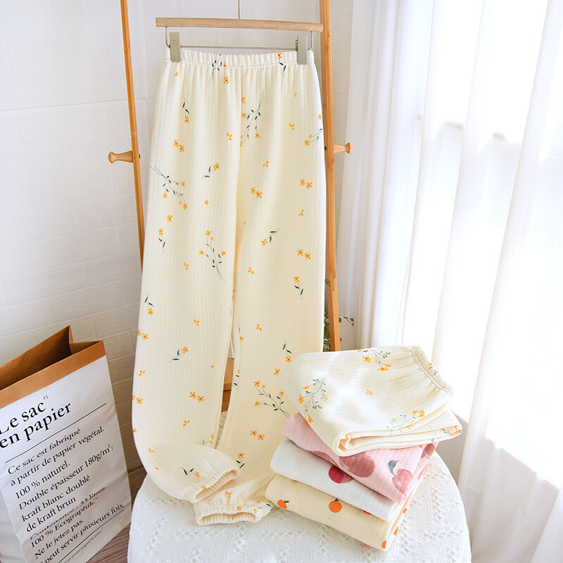 Moteriškos miegui skirtos apatinės kelnės rudeninės žiemos storos šiltos pižamos kelnės Minkštos medvilnės miegui Gėlėti moteriški laisvalaikio namų drabužiai