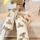 Dámske pyžamové nohavice s kresleným medvedíkom, nadýchané, teplé, hrubé, na spanie, nohavice, pyžamové nohavice, vianočné kawaii flanelové domáce oblečenie