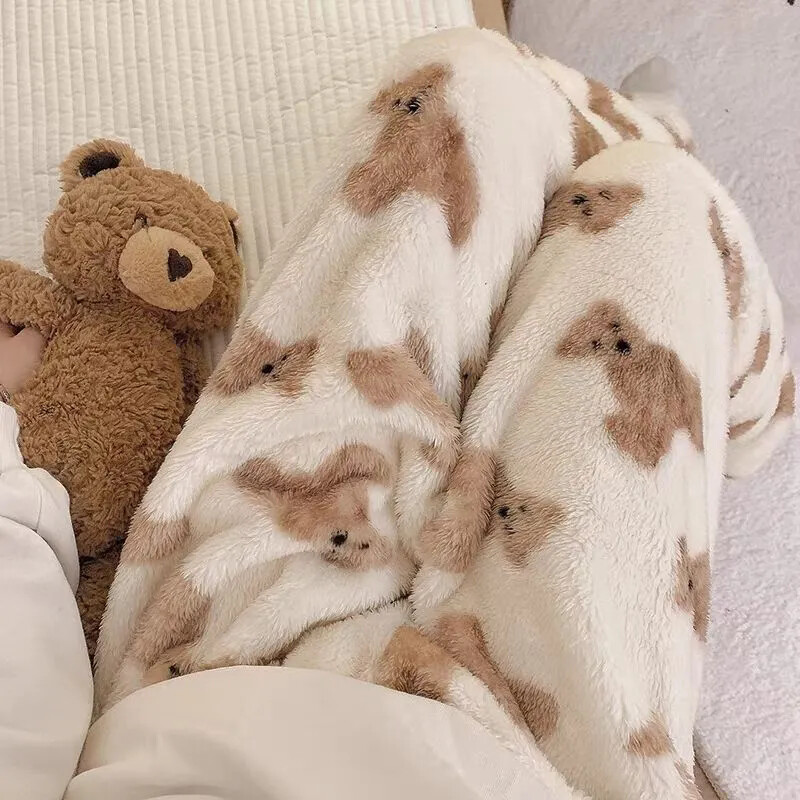 Dámske pyžamové nohavice s kresleným medvedíkom, nadýchané, teplé, hrubé, na spanie, nohavice, pyžamové nohavice, vianočné kawaii flanelové domáce oblečenie
