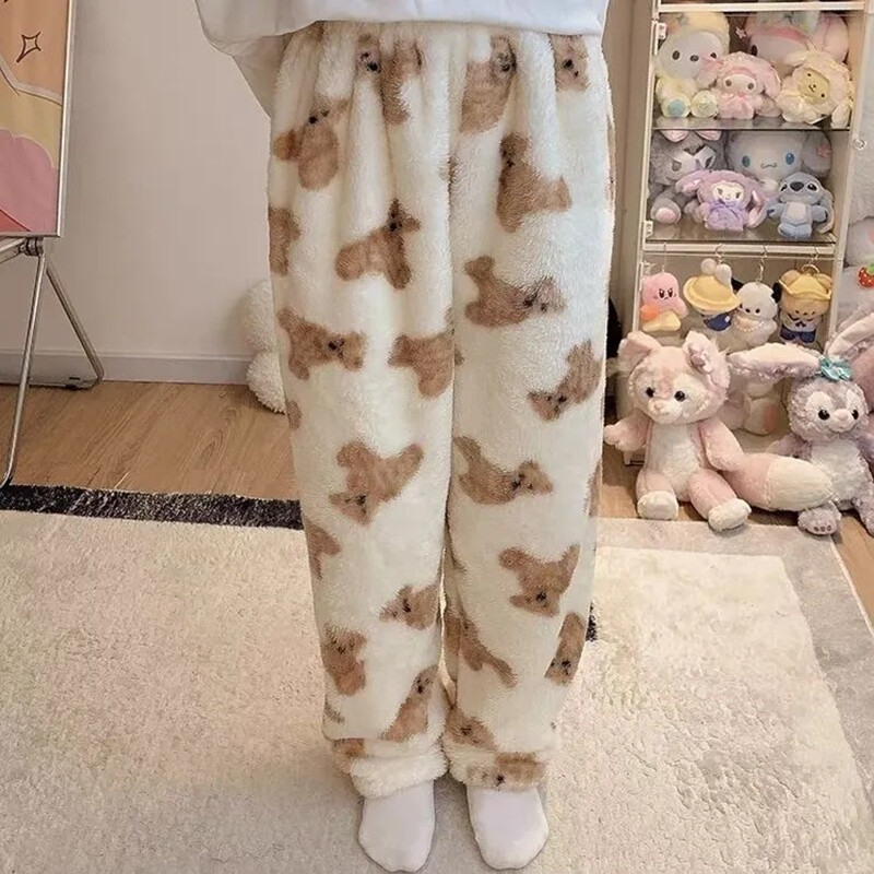 Dámske pyžamové nohavice s kresleným medvedíkom, nadýchané, teplé, hrubé, na spanie, nohavice, pyžamové nohavice, vianočné kawaii flanelové domáce oblečenie