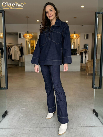 Dámske voľné džínsové dvojdielne sety Clacive Fashion Blue Denim s dlhým rukávom a vysokými nohavicami, vintage set, streetwear