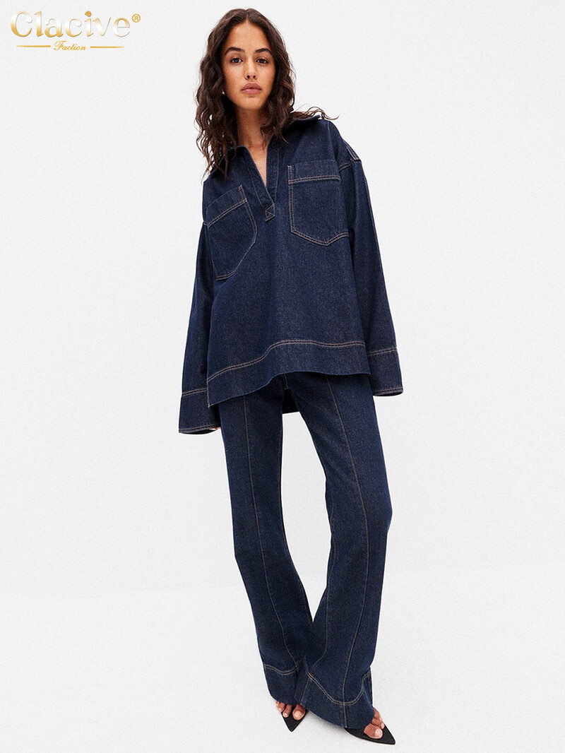 Dámske voľné džínsové dvojdielne sety Clacive Fashion Blue Denim s dlhým rukávom a vysokými nohavicami, vintage set, streetwear