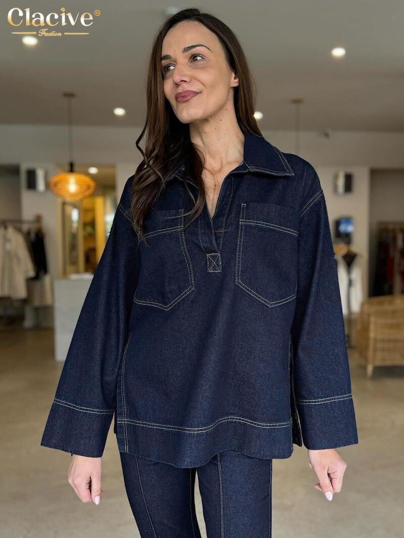 Dámske voľné džínsové dvojdielne sety Clacive Fashion Blue Denim s dlhým rukávom a vysokými nohavicami, vintage set, streetwear