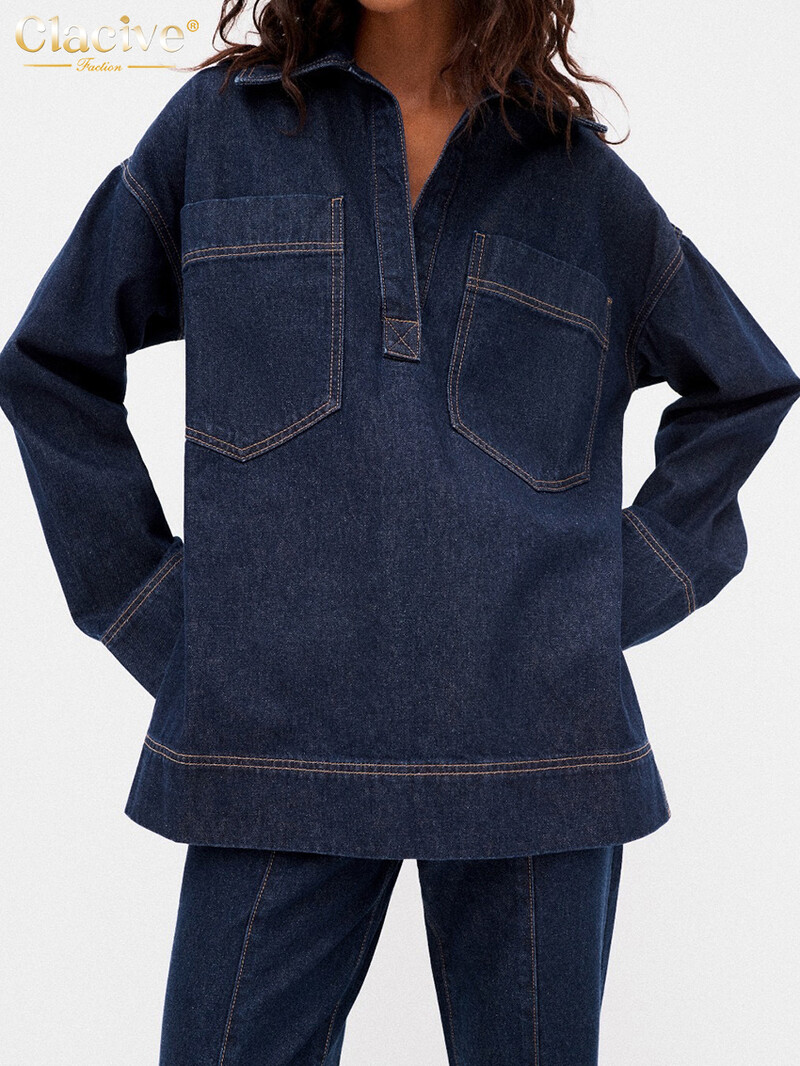 Dámske voľné džínsové dvojdielne sety Clacive Fashion Blue Denim s dlhým rukávom a vysokými nohavicami, vintage set, streetwear