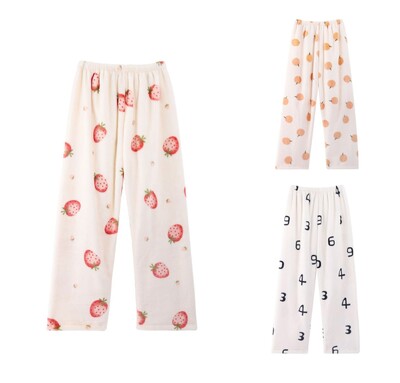 Pantaloni de pijama pentru femei Pantaloni de flanel moi, confortabili, model de fructe din desene animate, pantaloni casual acasă, toamnă și iarnă, pantaloni de pijama pentru acasă