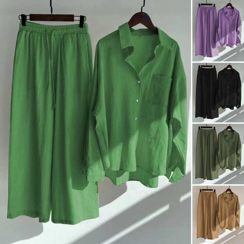 Divatos gombok, széles szárú, bőrrel érintkező blúz nadrág öltöny, hosszú ujjú, egyszínű női felsők, nadrág szett munkához