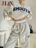 Σετ γυναικείο παντελόνι Sporty φούτερ Πουλόβερ εκτύπωσης γράμματα Μπλούζες ελαστική μέσης μασίφ Παντελόνι κορίτσι 2τμχ Σετ Αθλητική κουκούλα