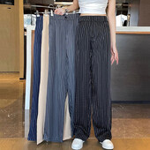 Letné dámske denné kariérne pracovné pruhované oblekové nohavice, dámske vrecovité široké nohavice rovné nohavice s vysokým pásom