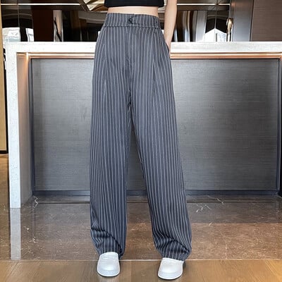 Letné dámske denné kariérne pracovné pruhované oblekové nohavice, dámske vrecovité široké nohavice rovné nohavice s vysokým pásom