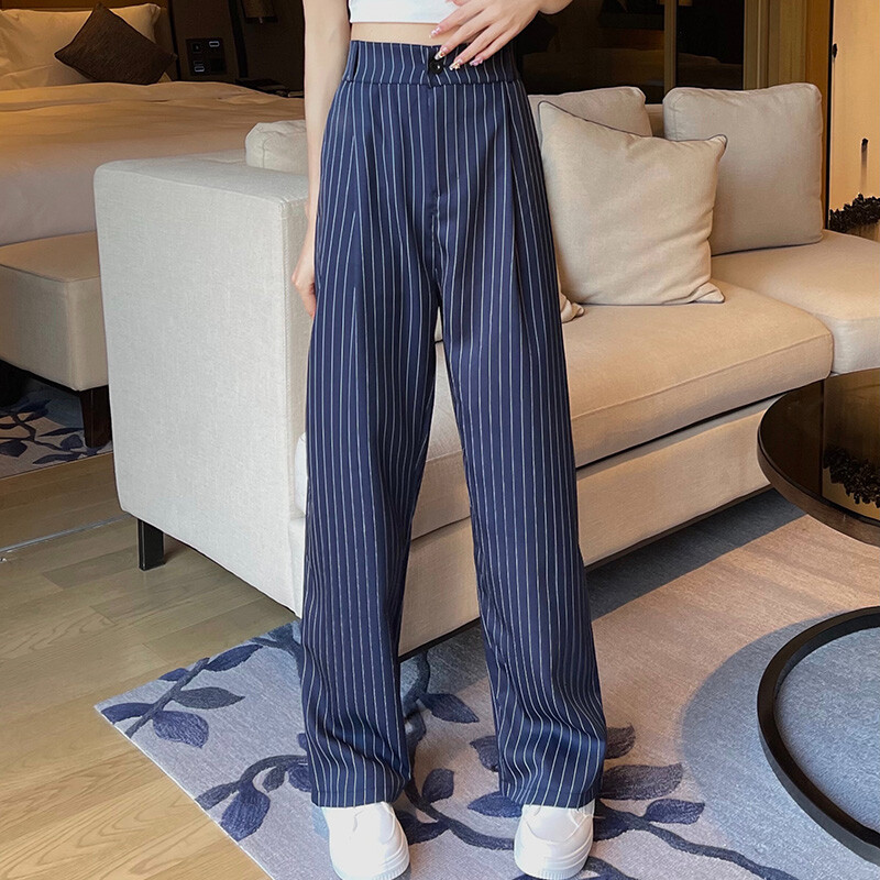 Letné dámske denné kariérne pracovné pruhované oblekové nohavice, dámske vrecovité široké nohavice rovné nohavice s vysokým pásom