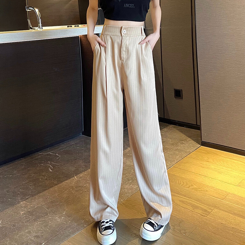 Letné dámske denné kariérne pracovné pruhované oblekové nohavice, dámske vrecovité široké nohavice rovné nohavice s vysokým pásom