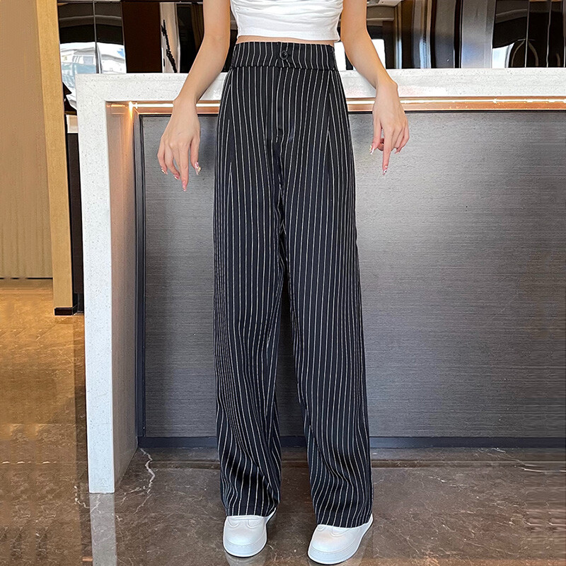 Letné dámske denné kariérne pracovné pruhované oblekové nohavice, dámske vrecovité široké nohavice rovné nohavice s vysokým pásom