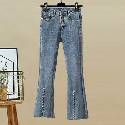 2023 Cămașă de damă ocazională cu mozacuri + pantaloni din denim cu picioare largi Costum de vară Set două piese damă blugi largi cu talie înaltă M-4XL