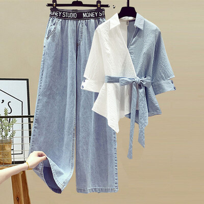 2023 Cămașă de damă ocazională cu mozacuri + pantaloni din denim cu picioare largi Costum de vară Set două piese damă blugi largi cu talie înaltă M-4XL