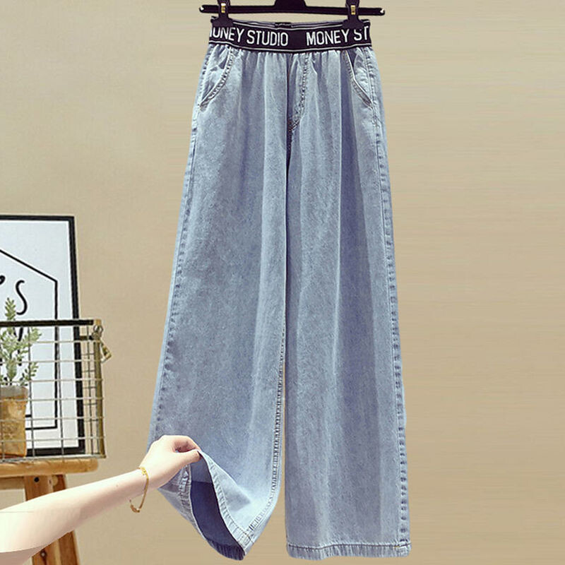 2023 Cămașă de damă ocazională cu mozacuri + pantaloni din denim cu picioare largi Costum de vară Set două piese damă blugi largi cu talie înaltă M-4XL