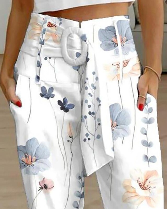 Pantaloni eleganti de damă Pantaloni 2023 Moda de vară Navetă zilnică cu imprimeu floral Design de buzunar Pantaloni cu talie înaltă cu curea Pantaloni