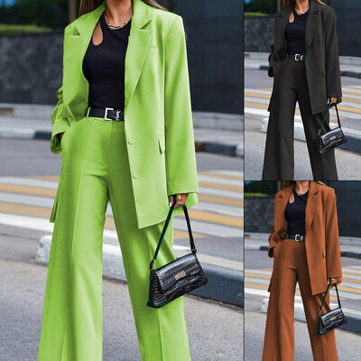 Moteriškas madingas kelnių kostiumas Laisvalaikio striukė ilgomis rankovėmis ir plačiomis kelnėmis moteriškas švarko komplektas Moteriškas elegantiškas kelnių kostiumas