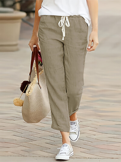 Didelio dydžio su kišenėmis Moteriškos kelioninės kelnės medvilninės lininės devynios moteriškos laisvalaikio kelnės Laisvos, vienspalvės suvarstomos