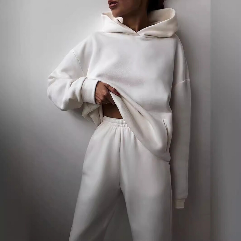 Kétrészes nadrággarnitúrák Női tömör, vastag pulóverek kapucnis, teljes ujjú, elasztikus derékrészű, hosszú nadrágzsebek, alkalmi öltönyök