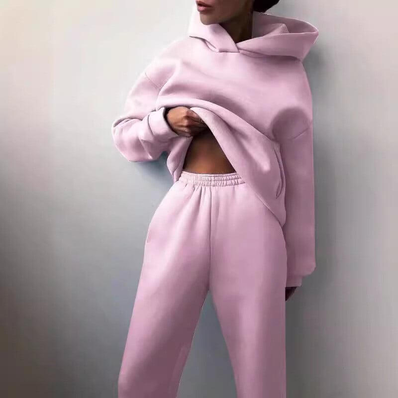 Kétrészes nadrággarnitúrák Női tömör, vastag pulóverek kapucnis, teljes ujjú, elasztikus derékrészű, hosszú nadrágzsebek, alkalmi öltönyök