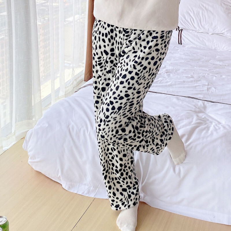 Μόδα φανελένια λεοπάρ στάμπα Πυζά Γυναικεία Φαρδιά Ζεστή χαριτωμένη πιτζάμα Φθινοπωρινό Χειμώνα casual μακρύ βελούδινο παντελόνι Γυναικείο σπίτι