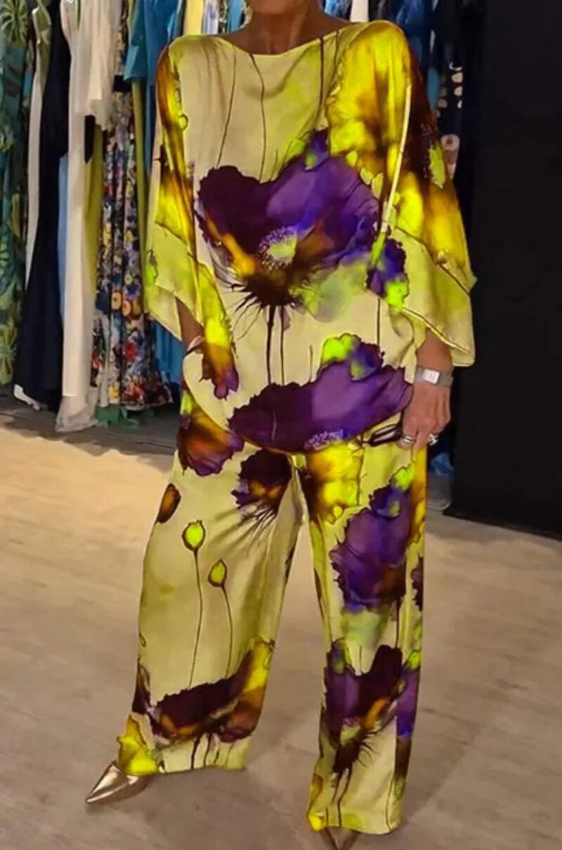 Pavasario-vasaros mados satino spausdinimo dviejų dalių komplektas moterims priežastinis OL Laisvas apvalios kaklo viršutinės plačios kelnės, dviejų dalių komplektas moterims