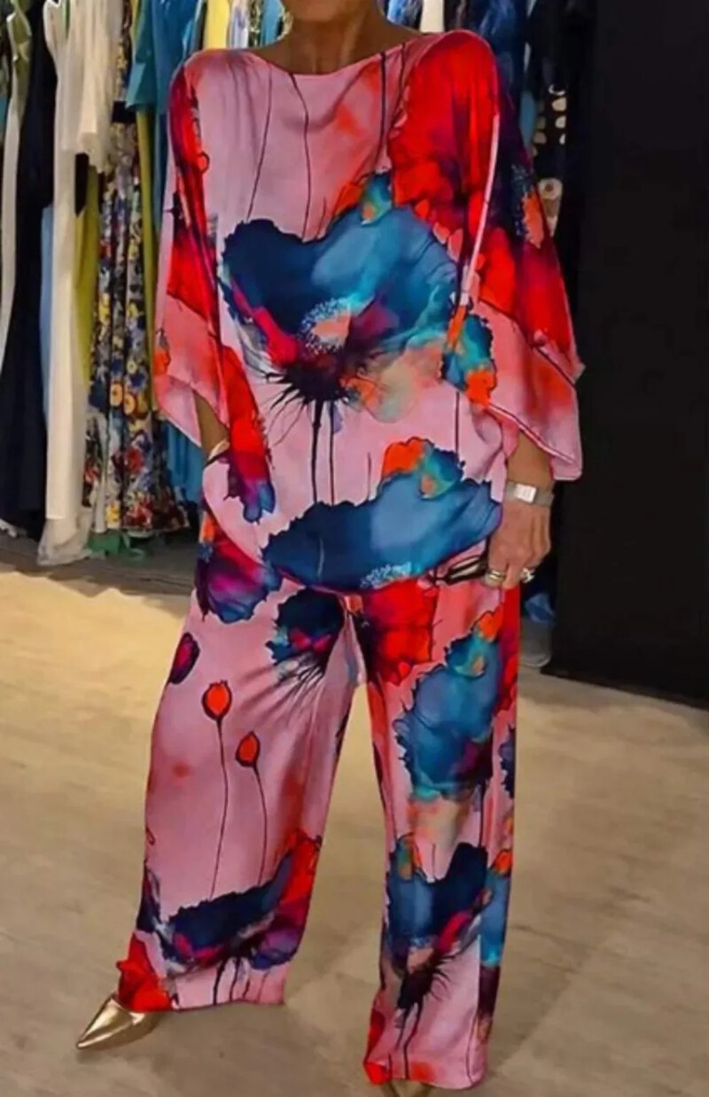 Pavasario-vasaros mados satino spausdinimo dviejų dalių komplektas moterims priežastinis OL Laisvas apvalios kaklo viršutinės plačios kelnės, dviejų dalių komplektas moterims