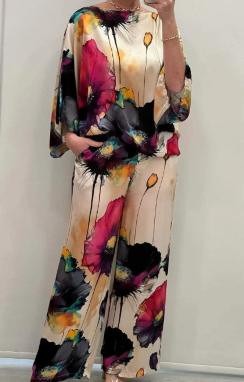 Pavasario-vasaros mados satino spausdinimo dviejų dalių komplektas moterims priežastinis OL Laisvas apvalios kaklo viršutinės plačios kelnės, dviejų dalių komplektas moterims