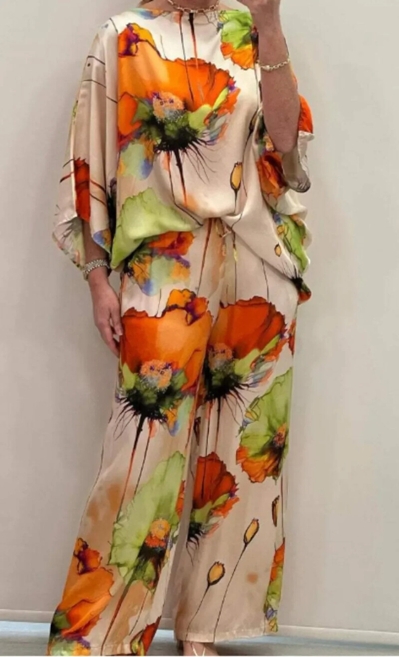 Pavasario-vasaros mados satino spausdinimo dviejų dalių komplektas moterims priežastinis OL Laisvas apvalios kaklo viršutinės plačios kelnės, dviejų dalių komplektas moterims