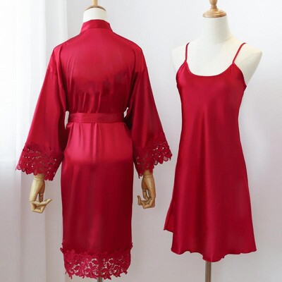 Szexi női otthoni pongyola intim fehérnemű Csipke menyasszony esküvői köntös szett Hálóruha Alkalmi hálóruha Kimonó fürdőköpeny