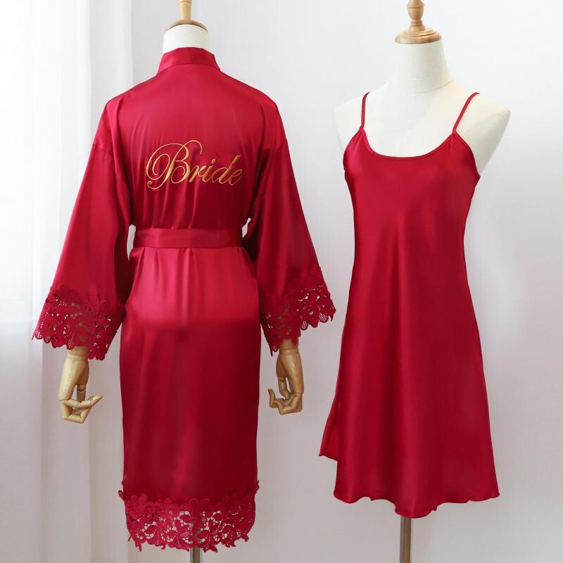 Szexi női otthoni pongyola intim fehérnemű Csipke menyasszony esküvői köntös szett Hálóruha Alkalmi hálóruha Kimonó fürdőköpeny