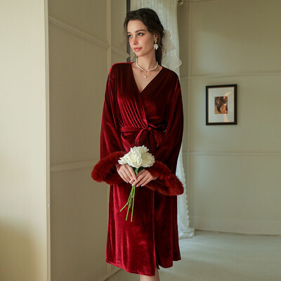 Σέξι μπορντό μακρύ γυναικείο φόρεμα φθινοπωρινά υπνοδωμάτια με βελούδο φτερό κιμονό Μπουρνούζι νυχτικό νυφικό ρόμπες οικεία εσώρουχα