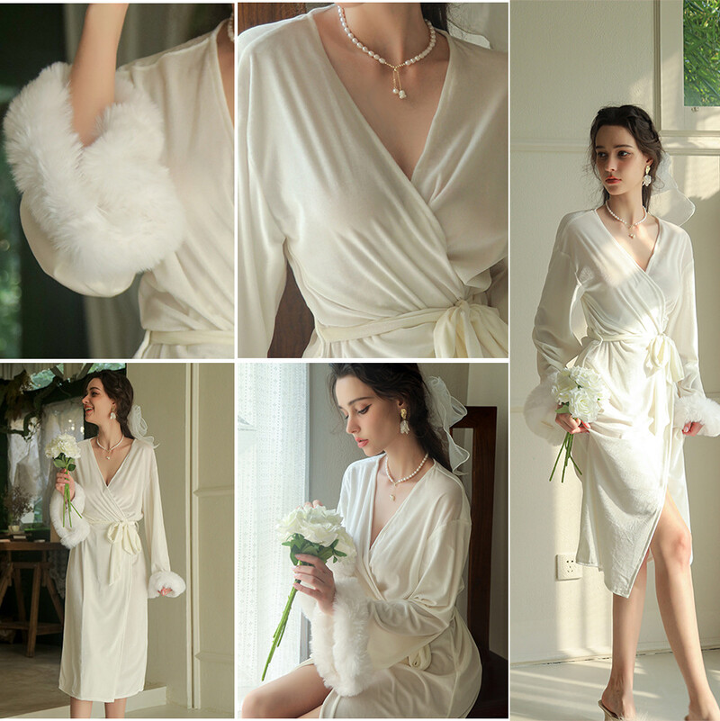 Σέξι μπορντό μακρύ γυναικείο φόρεμα φθινοπωρινά υπνοδωμάτια με βελούδο φτερό κιμονό Μπουρνούζι νυχτικό νυφικό ρόμπες οικεία εσώρουχα