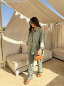 Priežastinis linas su kišeniniais marškinėliais, kelnių kostiumais, plačiomis kelnėmis, ilgomis rankovėmis, marškinių komplektai, moteriški laisvi High Street 2 dalių komplektai