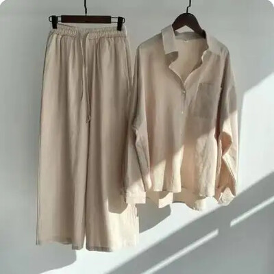 Priežastinis linas su kišeniniais marškinėliais, kelnių kostiumais, plačiomis kelnėmis, ilgomis rankovėmis, marškinių komplektai, moteriški laisvi High Street 2 dalių komplektai