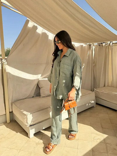 Priežastinis linas su kišeniniais marškinėliais, kelnių kostiumais, plačiomis kelnėmis, ilgomis rankovėmis, marškinių komplektai, moteriški laisvi High Street 2 dalių komplektai