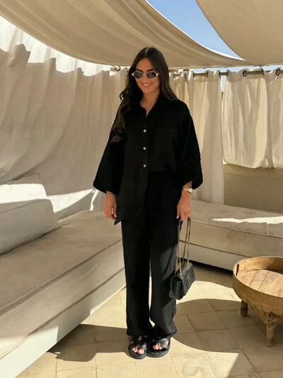 Priežastinis linas su kišeniniais marškinėliais, kelnių kostiumais, plačiomis kelnėmis, ilgomis rankovėmis, marškinių komplektai, moteriški laisvi High Street 2 dalių komplektai