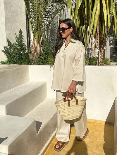 Priežastinis linas su kišeniniais marškinėliais, kelnių kostiumais, plačiomis kelnėmis, ilgomis rankovėmis, marškinių komplektai, moteriški laisvi High Street 2 dalių komplektai