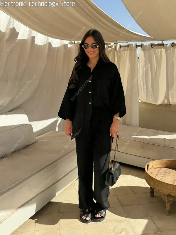 Priežastinis linas su kišeniniais marškinėliais, kelnių kostiumais, plačiomis kelnėmis, ilgomis rankovėmis, marškinių komplektai, moteriški laisvi High Street 2 dalių komplektai