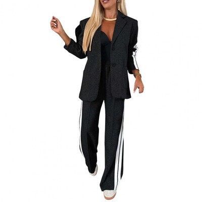 Plačios kelnės Apranga Elegantiškas dryžuotas paltas plačių kelnių rinkinys moterims Prašmatnus iškilmingas švarkas Kelnių ansamblis tinkamas dėvėti