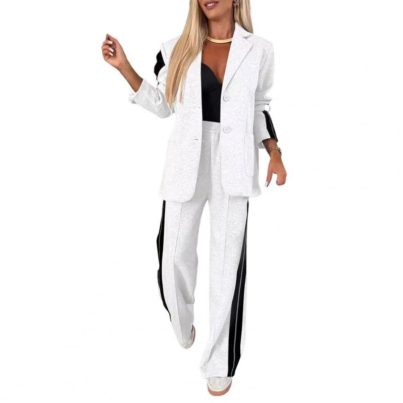 Plačios kelnės Apranga Elegantiškas dryžuotas paltas plačių kelnių rinkinys moterims Prašmatnus iškilmingas švarkas Kelnių ansamblis tinkamas dėvėti