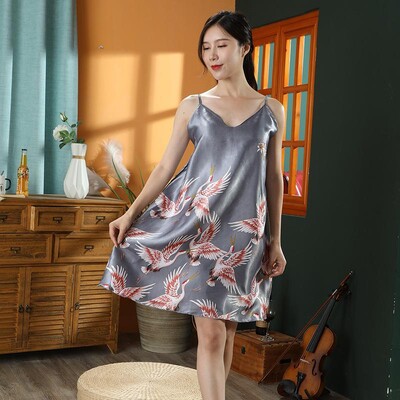 Εκτύπωση Crane 2 τμχ Ρόμπα Νυχτικό Σετ Γυναικείο Μακρύ Νυχτικό Νύφη παράνυμφο Μπουρνούζι γάμου κιμονό Φαρδιά σατέν Εσώρουχα για το σπίτι