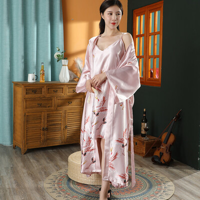 Εκτύπωση Crane 2 τμχ Ρόμπα Νυχτικό Σετ Γυναικείο Μακρύ Νυχτικό Νύφη παράνυμφο Μπουρνούζι γάμου κιμονό Φαρδιά σατέν Εσώρουχα για το σπίτι