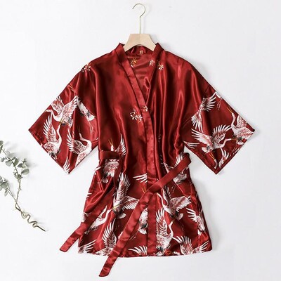 Εκτύπωση Crane 2 τμχ Ρόμπα Νυχτικό Σετ Γυναικείο Μακρύ Νυχτικό Νύφη παράνυμφο Μπουρνούζι γάμου κιμονό Φαρδιά σατέν Εσώρουχα για το σπίτι