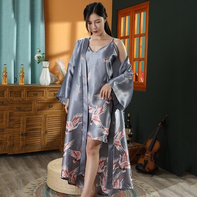 Εκτύπωση Crane 2 τμχ Ρόμπα Νυχτικό Σετ Γυναικείο Μακρύ Νυχτικό Νύφη παράνυμφο Μπουρνούζι γάμου κιμονό Φαρδιά σατέν Εσώρουχα για το σπίτι